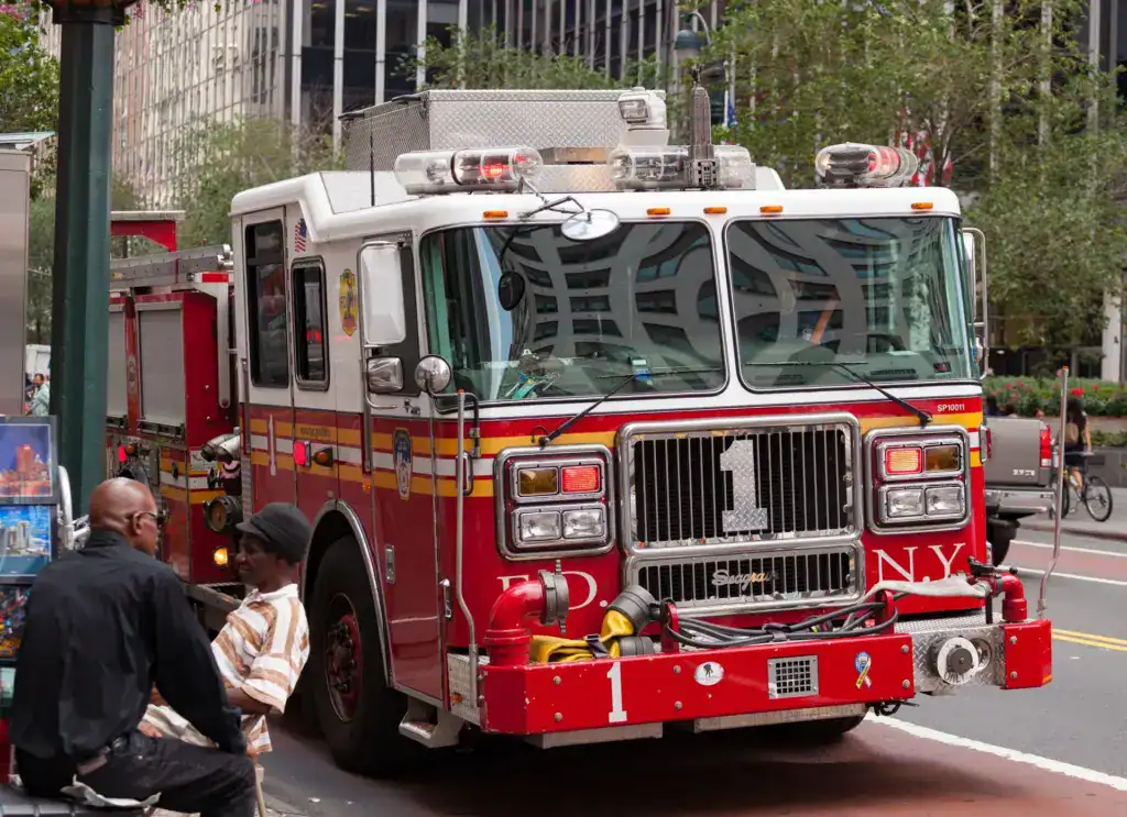 FDNY fire truck parked downtown Manhattan.